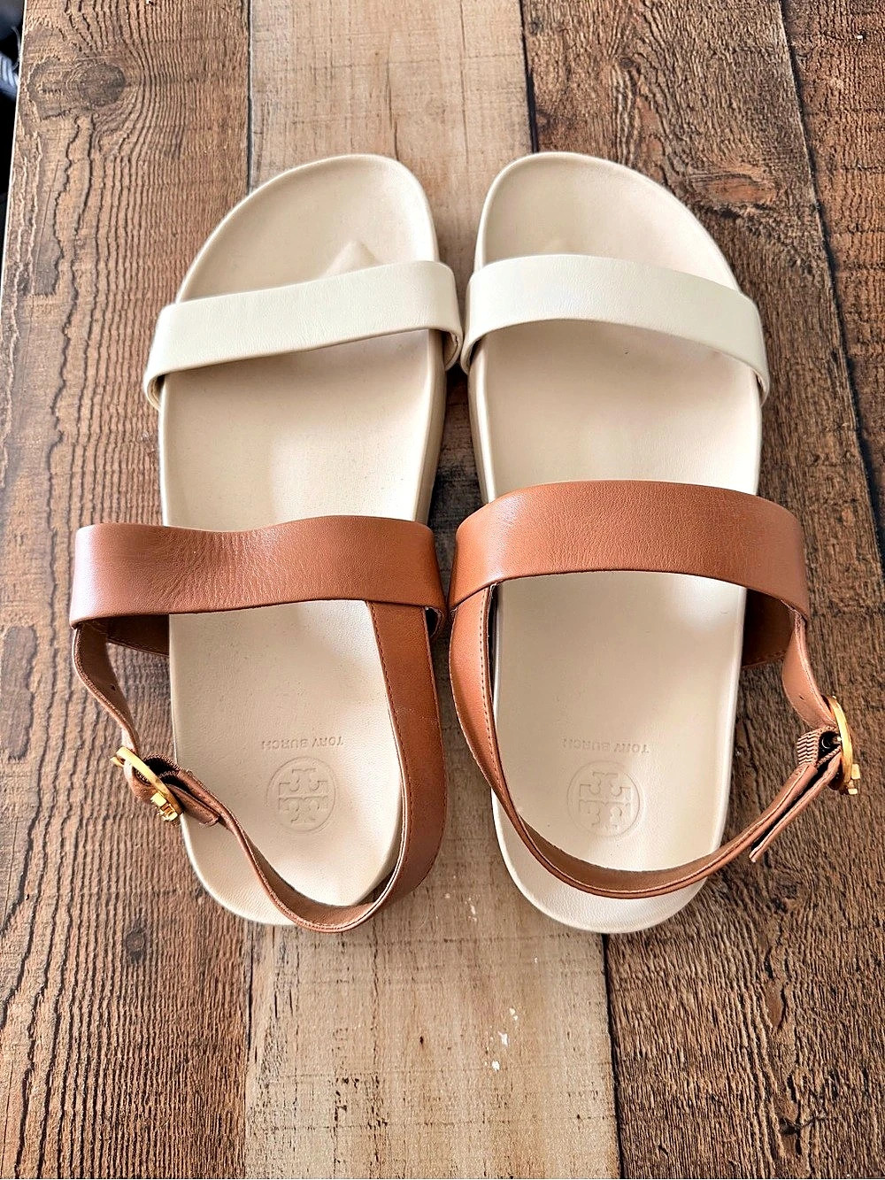 Tory Burch Double-Band Logo Sandals in Brown & Cream Like New